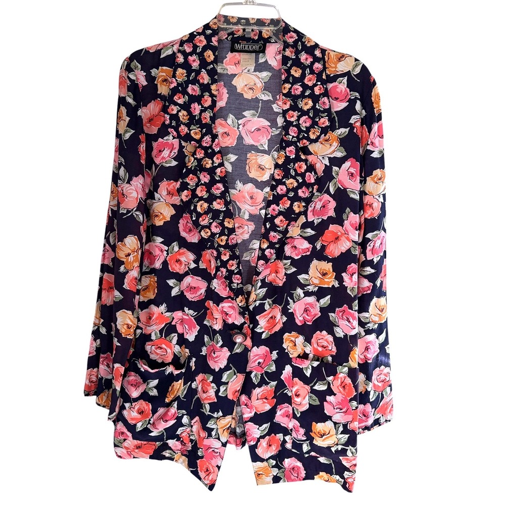 Vintage Wrapper USA Floral One Button Blazer S Navy Pink Rose Print 90s Jacket